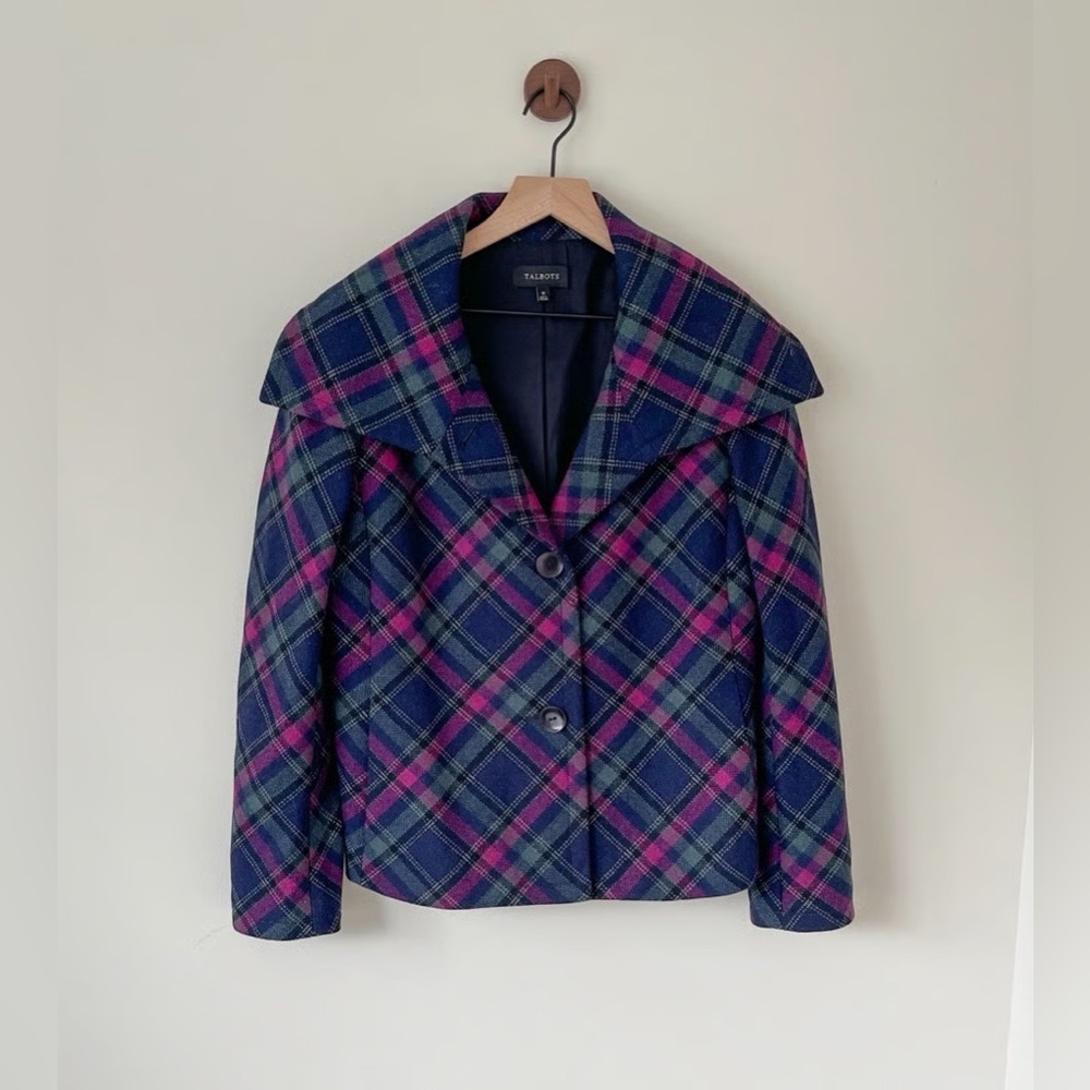 Talbots Women's Vibrant Wool Patterned Plaid Blazer - Blue and purple  Size 16